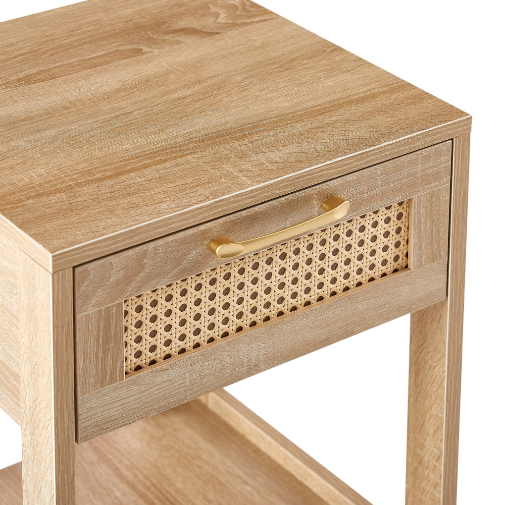 Comodino in rattan con cassetto, tavolino moderno per camera e soggiorno, effetto legno naturale H55xL40xP40 cm