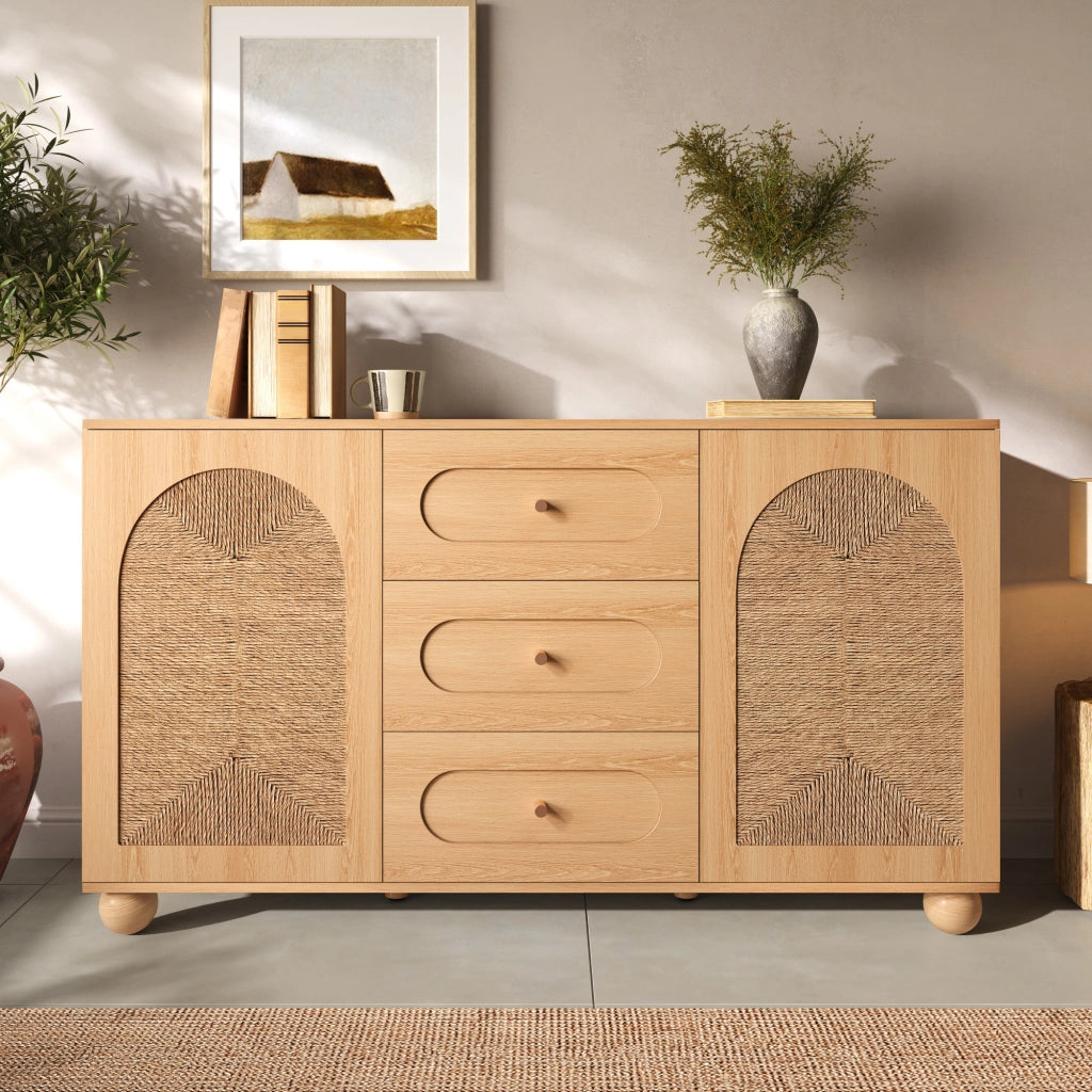 Credenza con due ante e tre cassetti 140 x 40 x 80 cm; intreccio di corda; MDF e truciolare; naturale