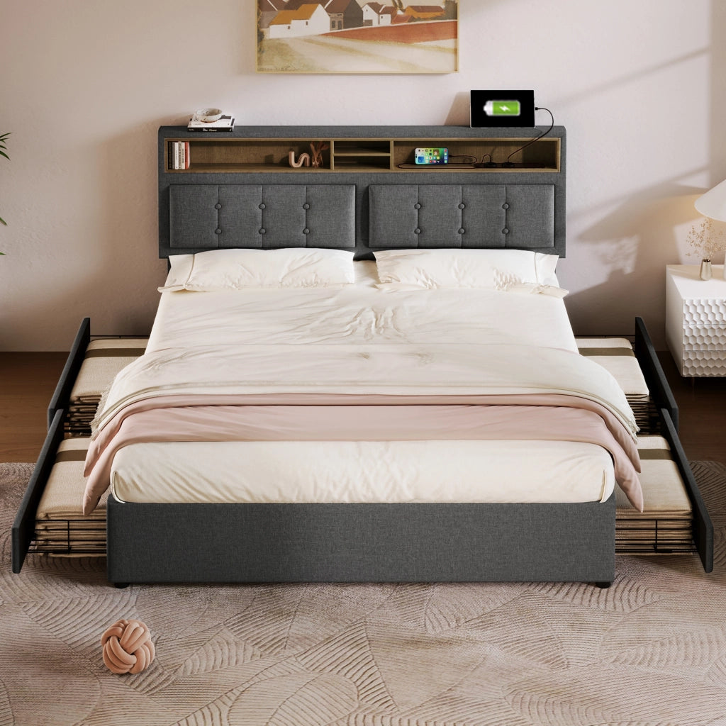 Letto con cassetti 140 × 200 cm testiera imbottita regolabile con prese USB e rivestimento in lino