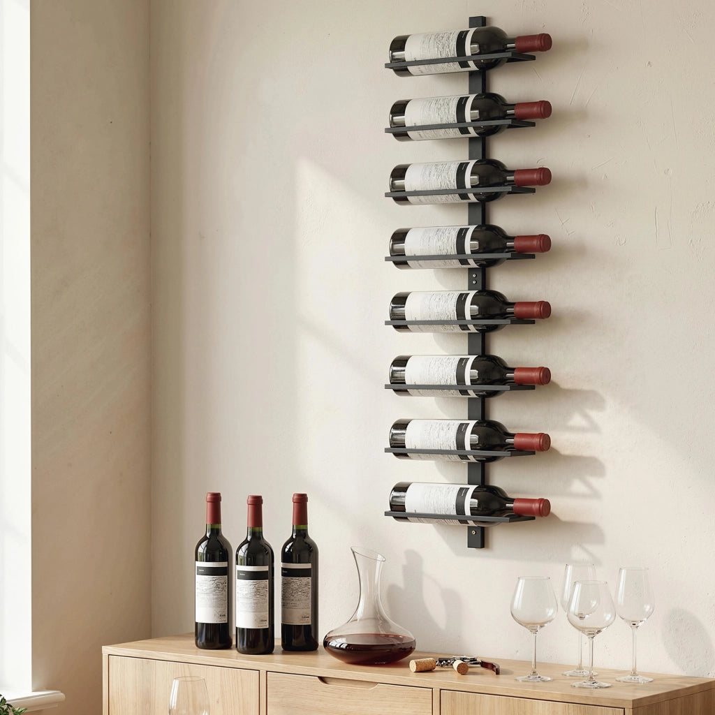 Weinregal, Wandregal für 8 Flaschen Wein, 8 Ebenen, Stahlrohr, für Küche, Wohnzimmer, Hausbar, Schwarz
