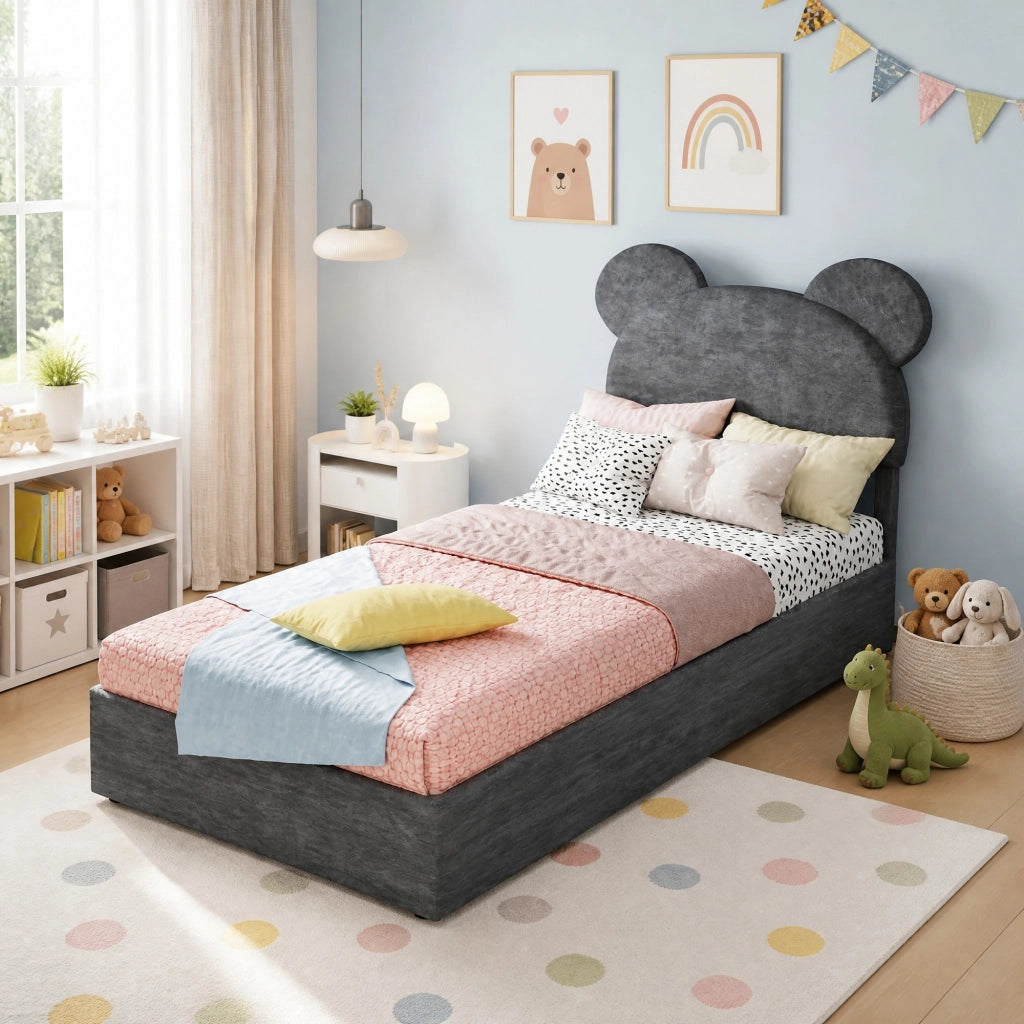 Letto per bambini 90x200 cm grigio con vano contenitore, tessuto e metallo, senza materasso