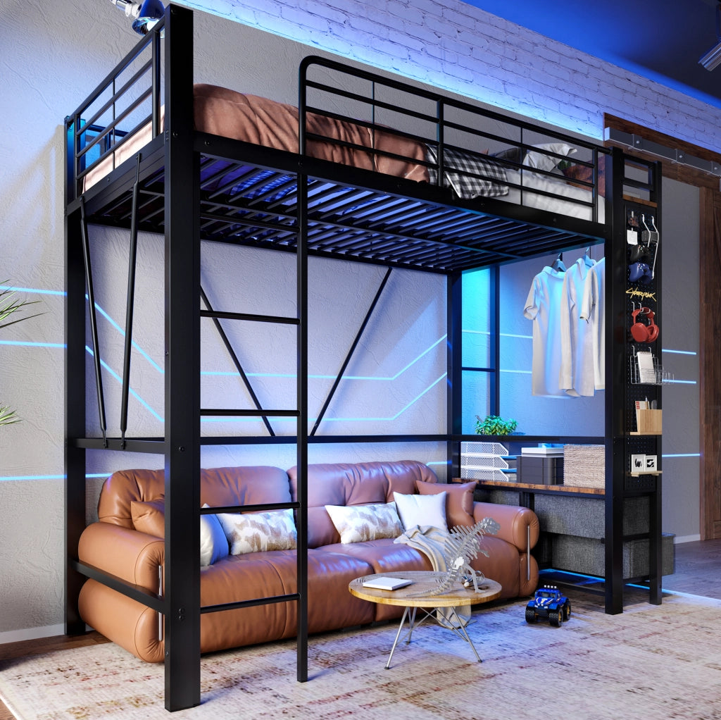 Letto a soppalco 90x200 cm con LED, USB e USB-C in metallo e MDF nero