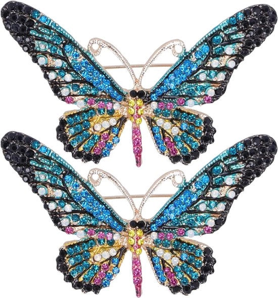 Set di 2 spille per abbigliamento con pietre per signore - Blu - Accessorio di moda con badge
