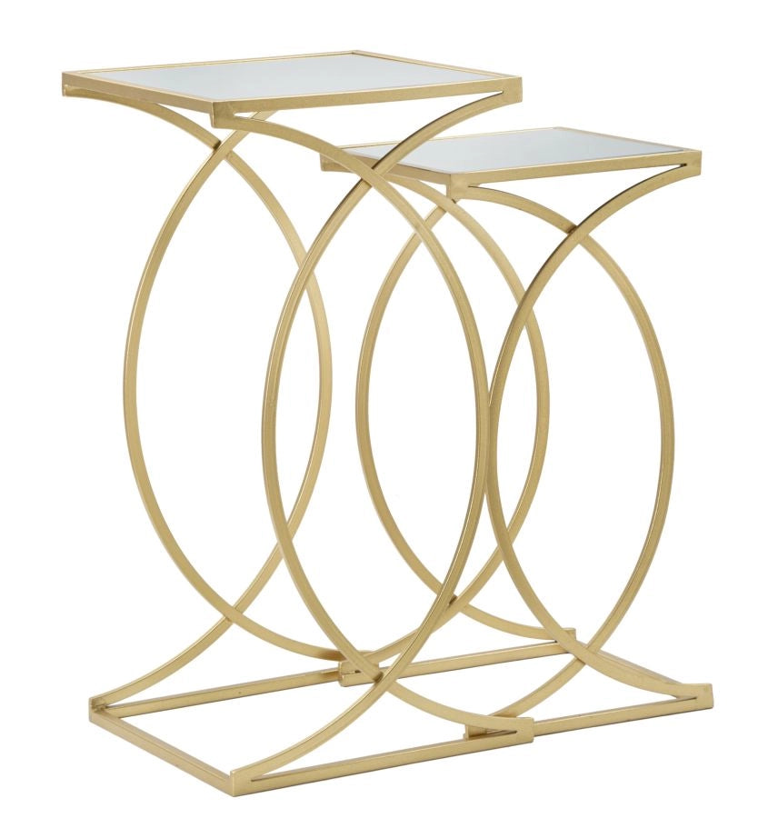 Porta Telefono Siomply Coppia 35x35x70-30x30x60 cm in Ferro MDF e Specchio Oro