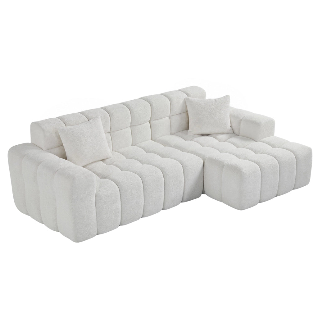 Divano angolare modulare a L; chaise longue; seduta confortevole; ciniglia bianca testurizzata; per soggiorno o studio; 249;94x99;06x59;94 cm