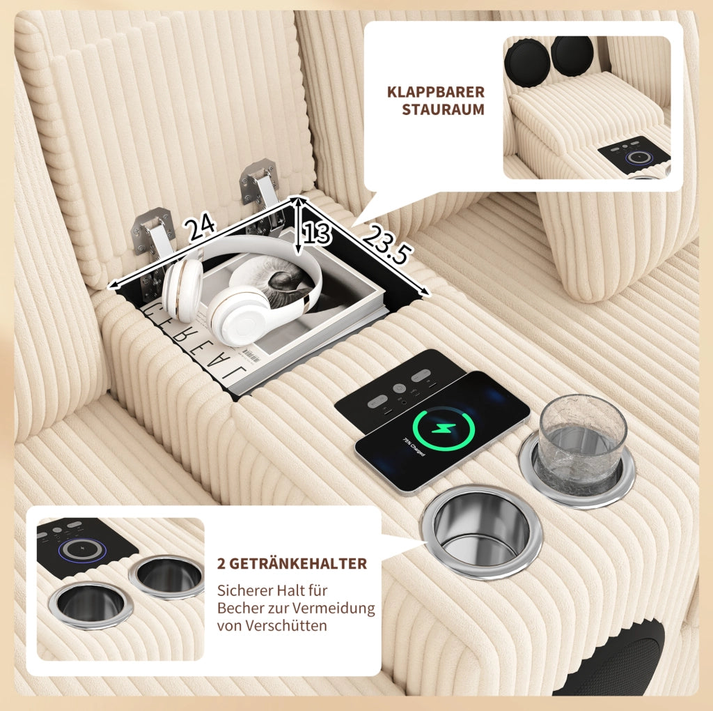 Divano modulare U/L in velluto a coste beige con console Bluetooth; ricarica wireless; USB e Type-C