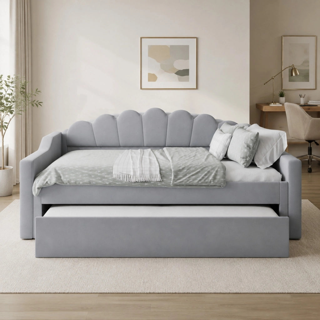 Letto con letto estraibile 140 × 200 cm con illuminazione LED a 7 colori rivestito in lino grigio