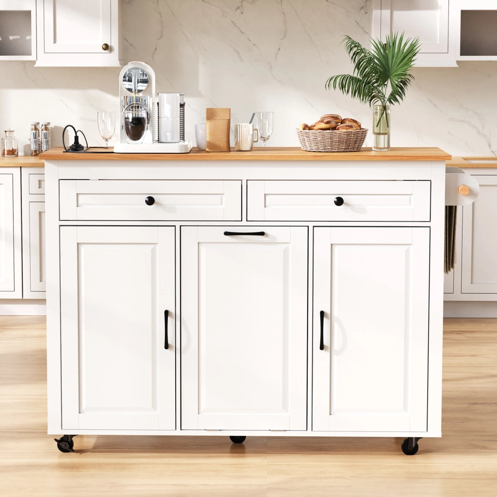 Mobile base da cucina su ruote con piano estraibile prese e vano rifiuti MDF bianco 120 × 40-75 × 92 cm