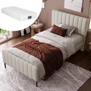 Letto singolo imbottito 90 × 200 cm con testiera regolabile e materasso incluso, in lino grigio beige