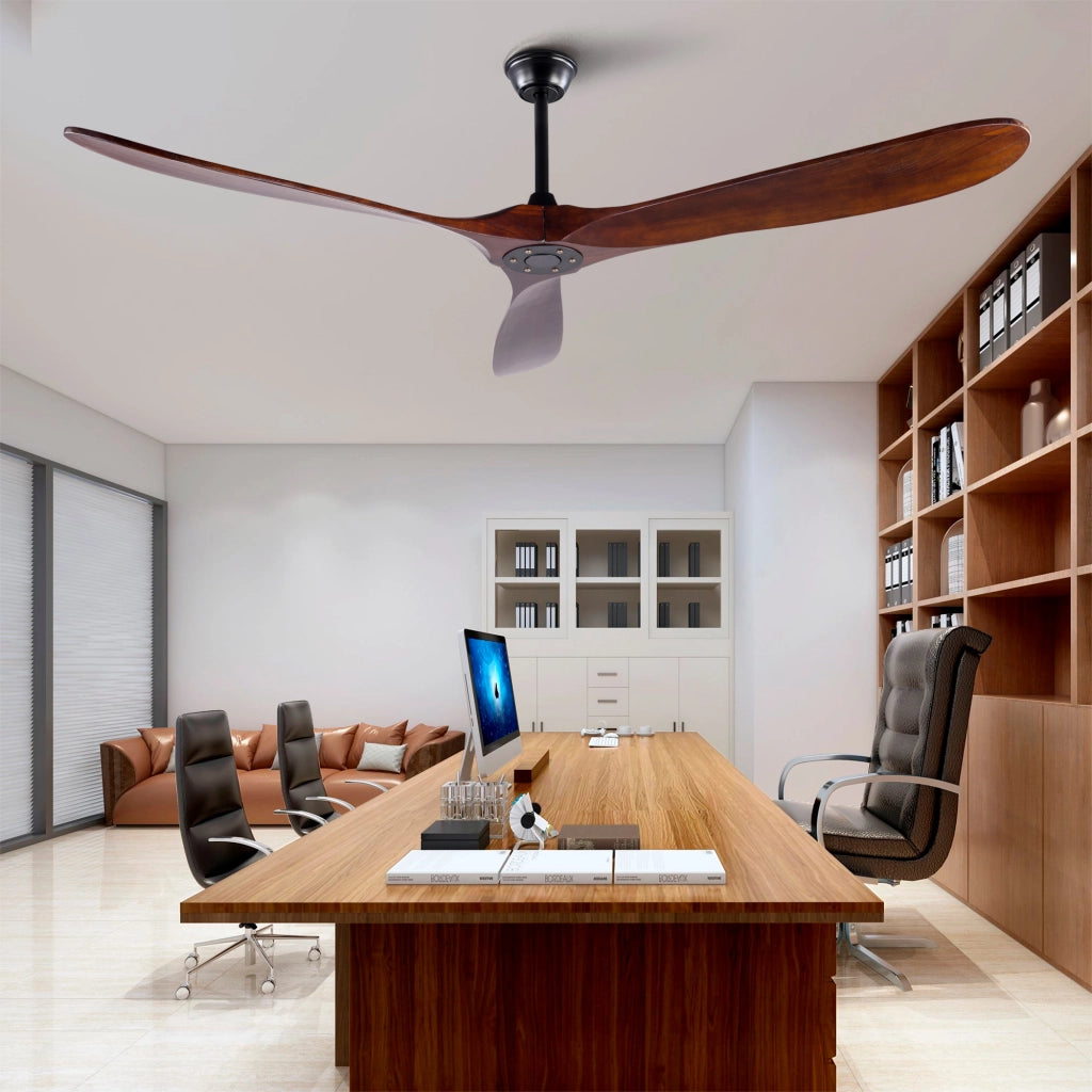 Ventilatore da soffitto senza luce in metallo e legno; nero e noce scuro; con telecomando