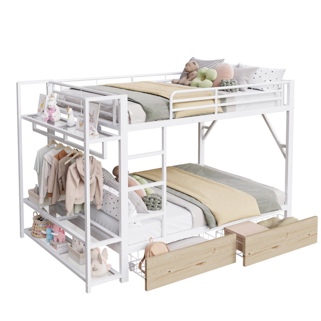 Letto a castello 140 × 200 cm con struttura in metallo e MDF bianco LED app due cassetti ripiani e stendino