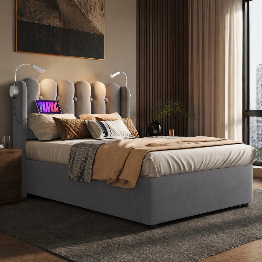 Letto singolo contenitore 90 × 200 cm in velluto grigio con luce da lettura usb testiera e rete a doghe