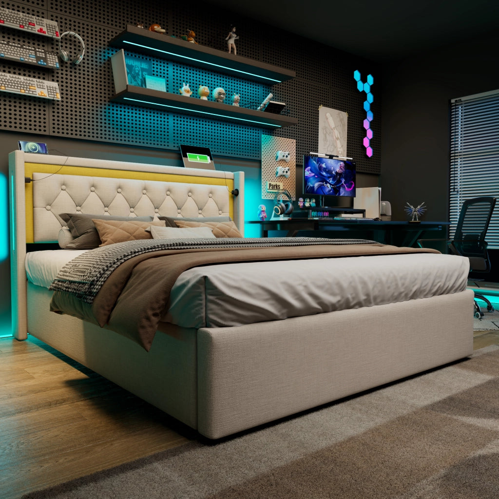 Letto contenitore 140x200 con LED; USB-C e testiera bicolore imbottita; cotone beige