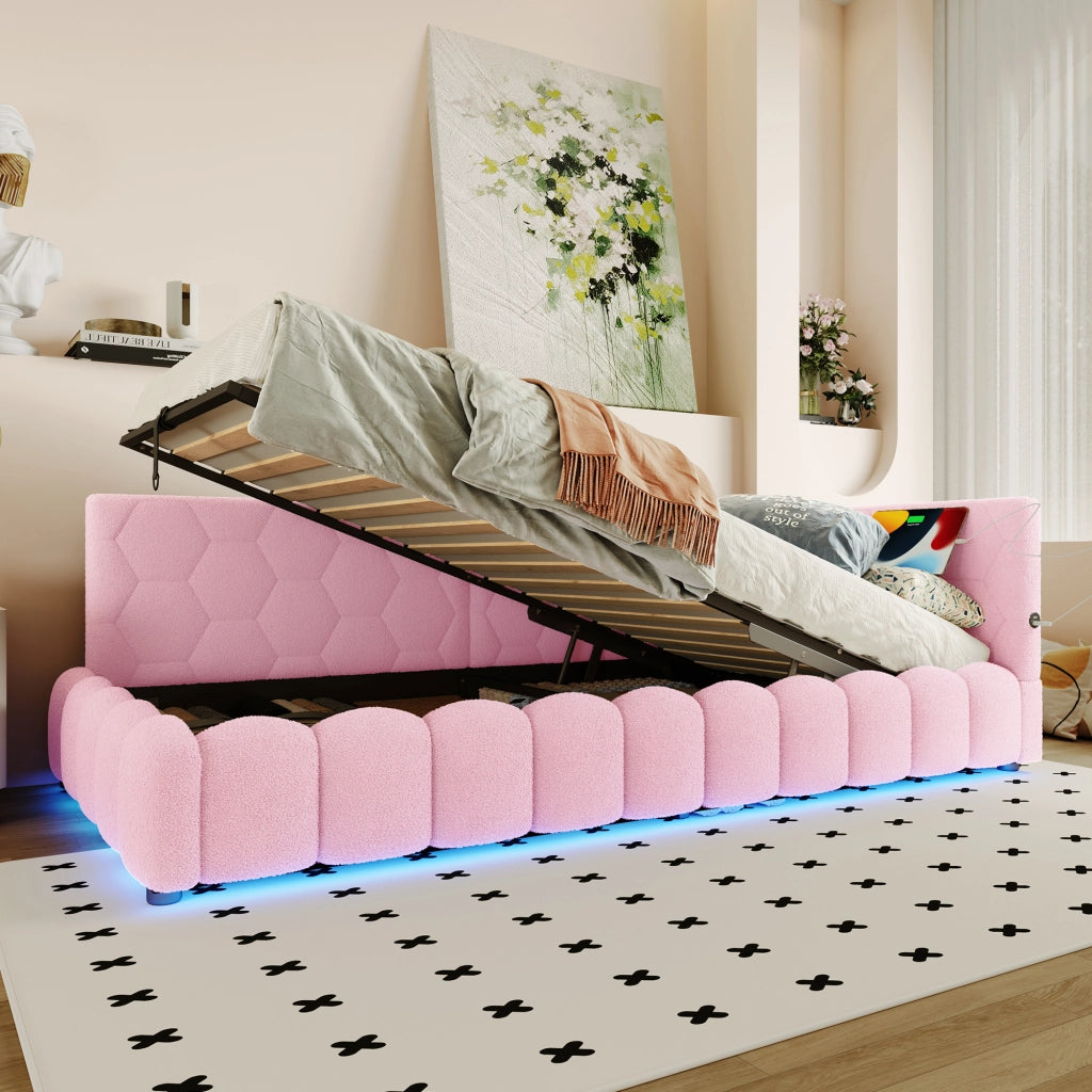 Letto da Giorno 90x200 cm in velluto con Contenitore Idraulico; LED; USB-C Rosa