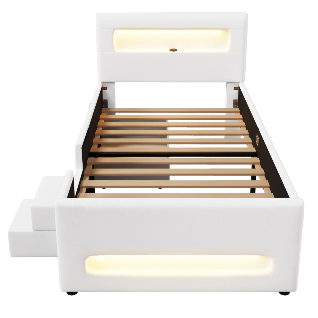 Letto imbottito a piattaforma 90 x 200 cm con scala, cassetti, strisce LED, USB e tasche contenitore - Bianco