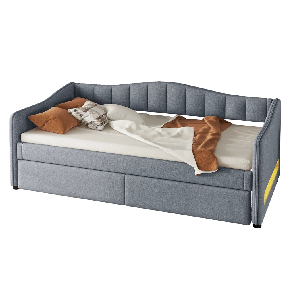 Daybed grigio in lino 90x200 cm con letto estraibile, luce LED ambiente regolabile e rete a doghe, senza materasso