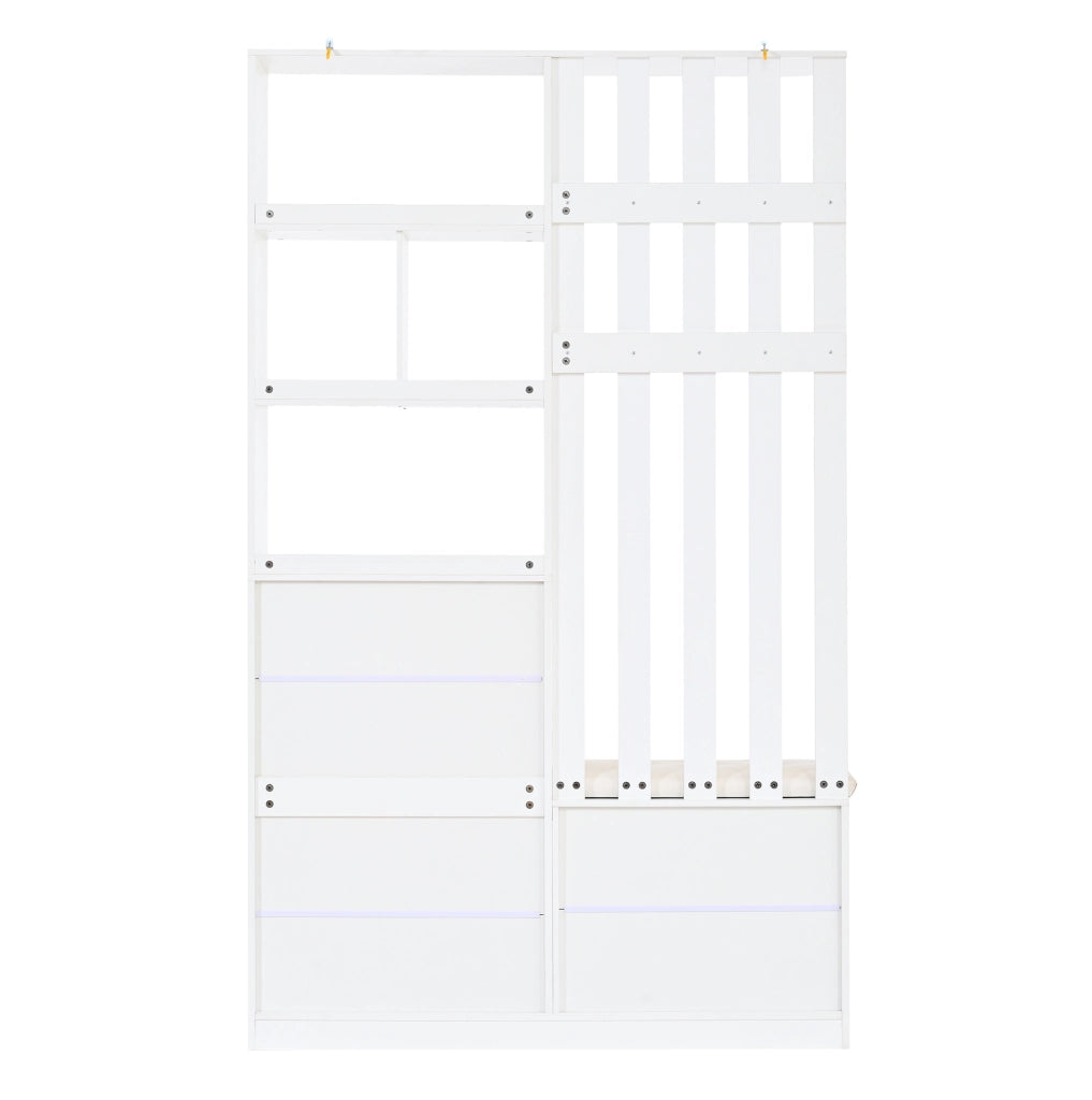 Guardaroba da ingresso multifunzionale 120x30x200 cm in MDF bianco con panca imbottita, 2 ribalte porta scarpe, 1 cassetto, 2 ante e 10 appendini, capacità 30 kg