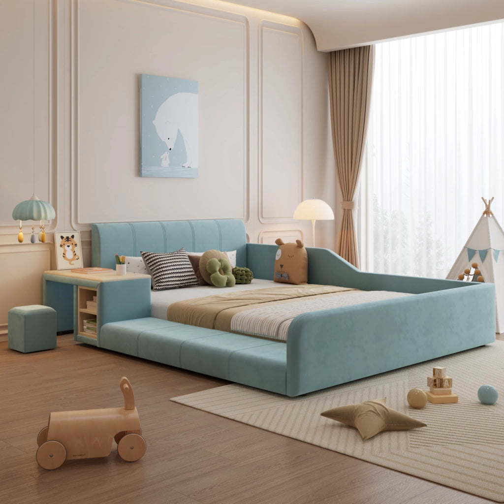 Letto singolo con scrivania in velluto blu 140x200 cm