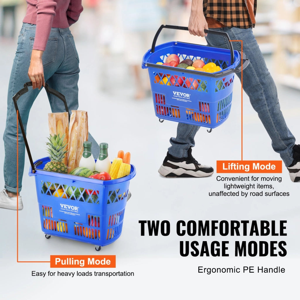 Set 6 Cestini Spesa con Ruote e Manico in Plastica PE Blu 39 L Carrello Portatile per Negozi e Supermercati LB-B027-7