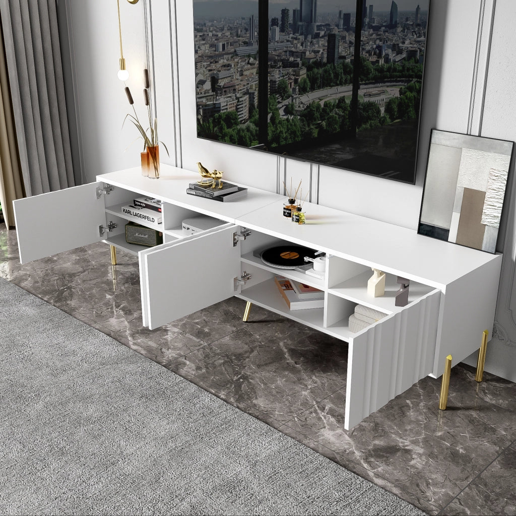 Mobile TV con quattro ante e otto ripiani in MDF e pannello truciolare bianco con gambe dorate 190 × 38 × 48 cm