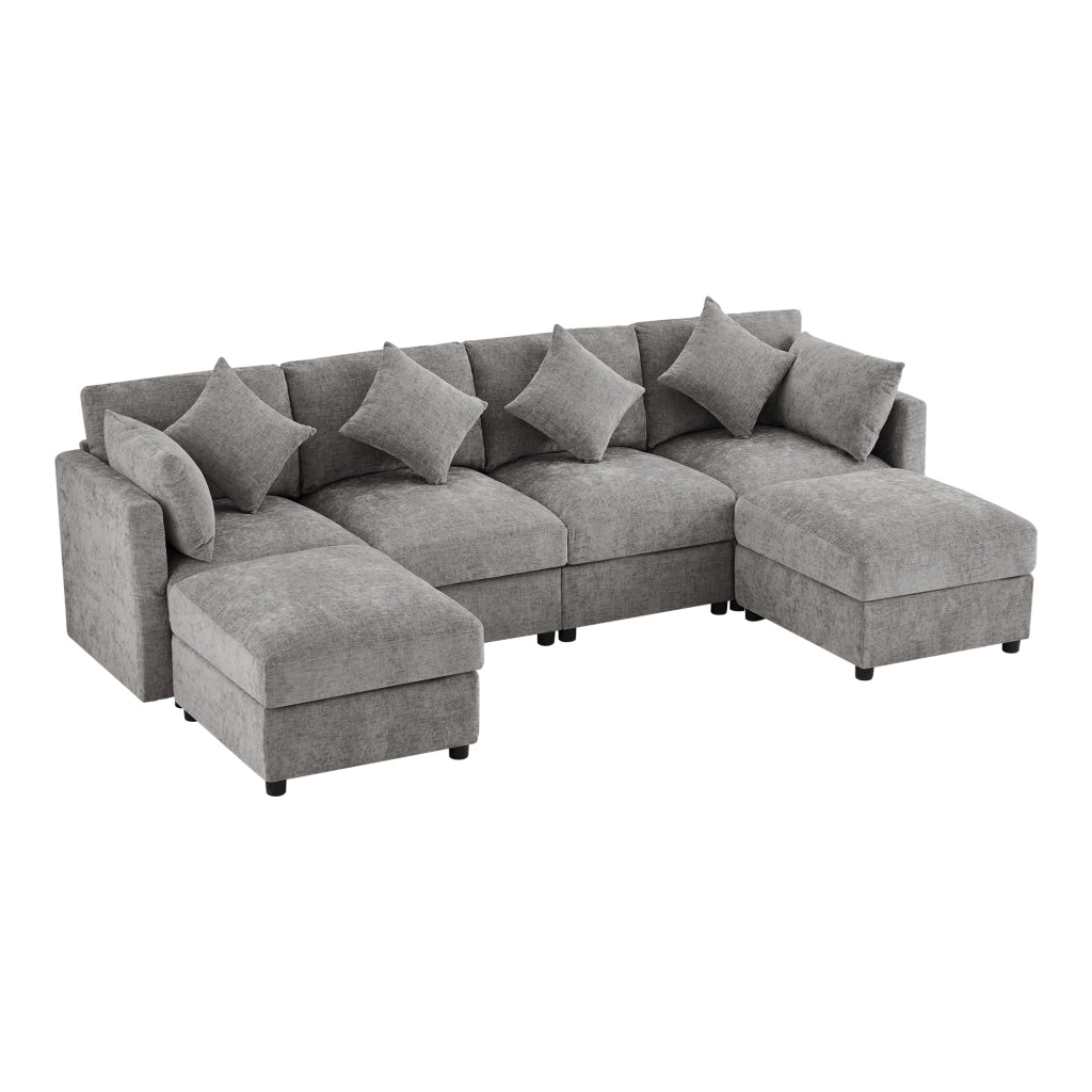 Divano modulare 4 posti con 2 pouf e braccioli regolabili in chenille grigio 284 × 156,5 × 86 cm con 6 cuscini