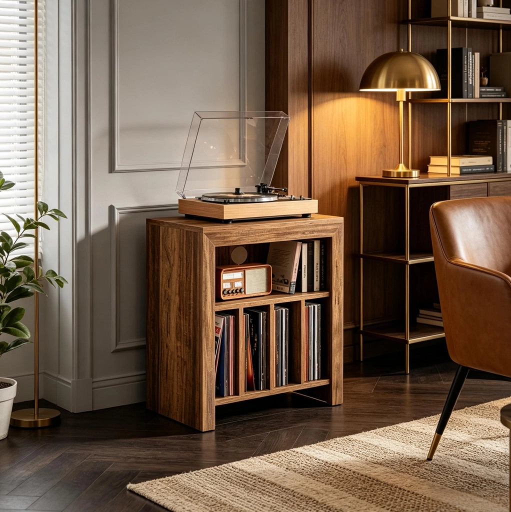 Supporto per giradischi in legno con ripiani aperti e divisori, comodino versatile per vinili e piccoli oggetti