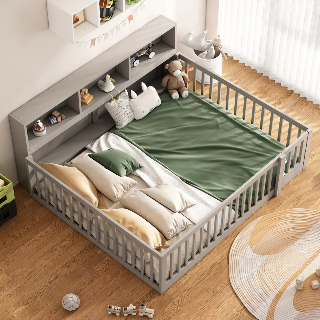 Divano letto 140×200 cm; letto matrimoniale con vani laterali; barriera di sicurezza; senza materasso; in legno di pino e MDF; grigio
