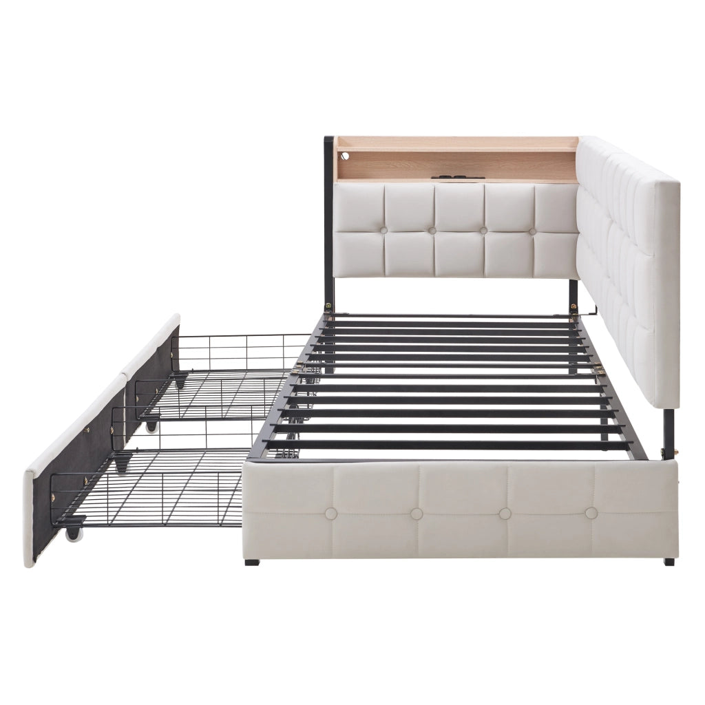 Letto divano singolo 90×200 cm con 2 cassetti; LED regolabile; USB e porta tipo C; senza materasso; beige