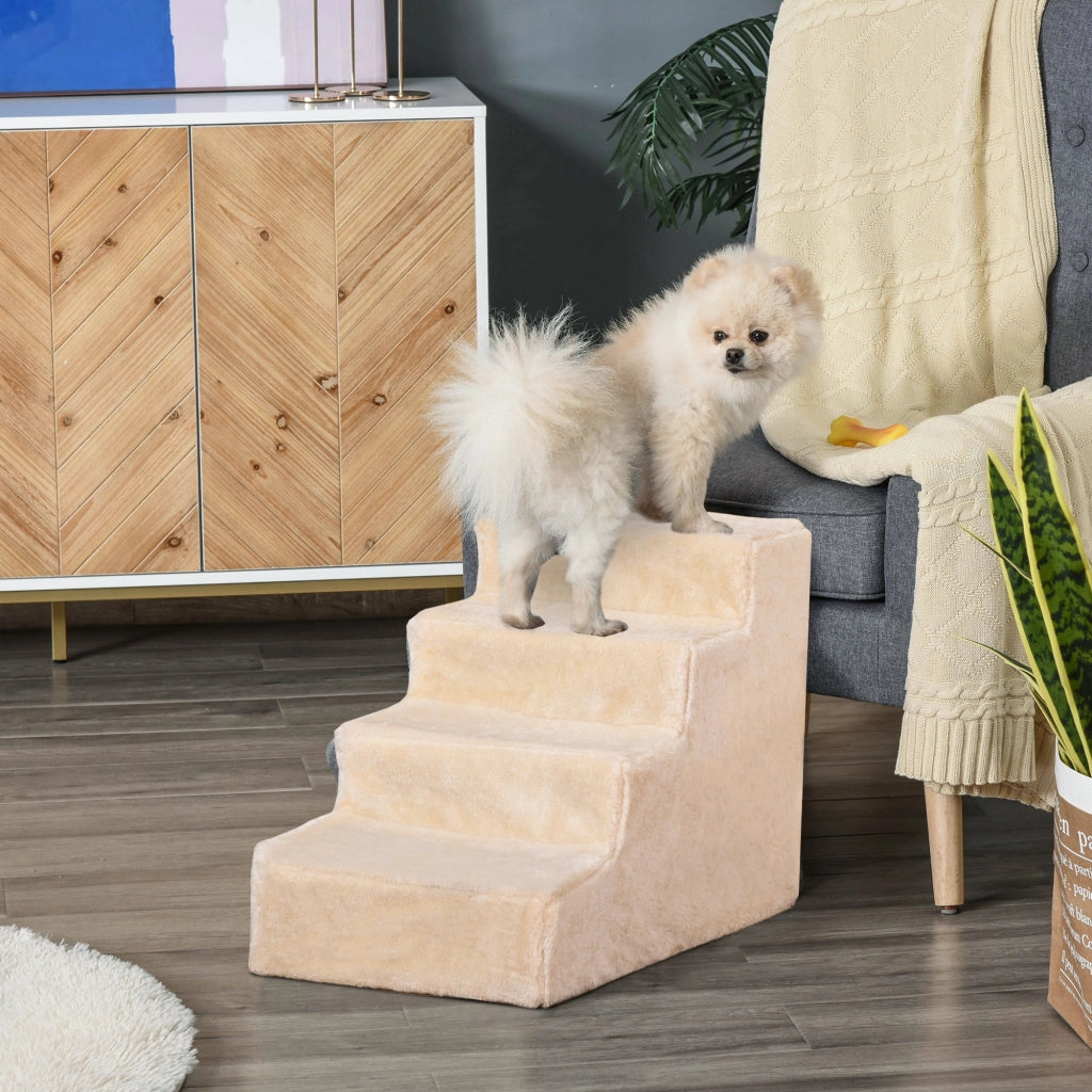 Scaletta per animali a 4 gradini con rivestimento in peluche rimovibile beige per divano o letto 60 × 35 × 44 cm