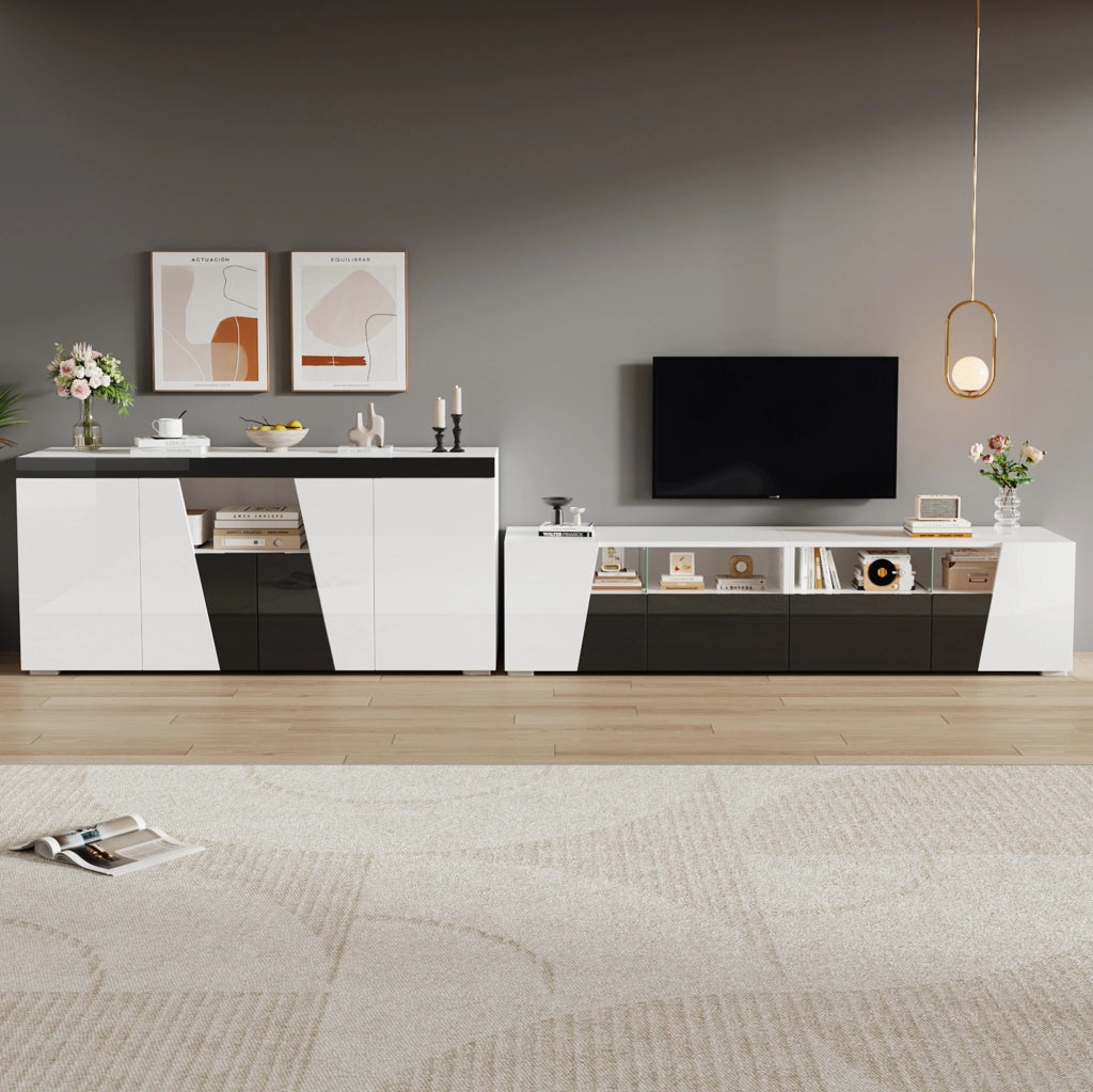 Mobile TV con LED e finitura lucida, bianco e nero