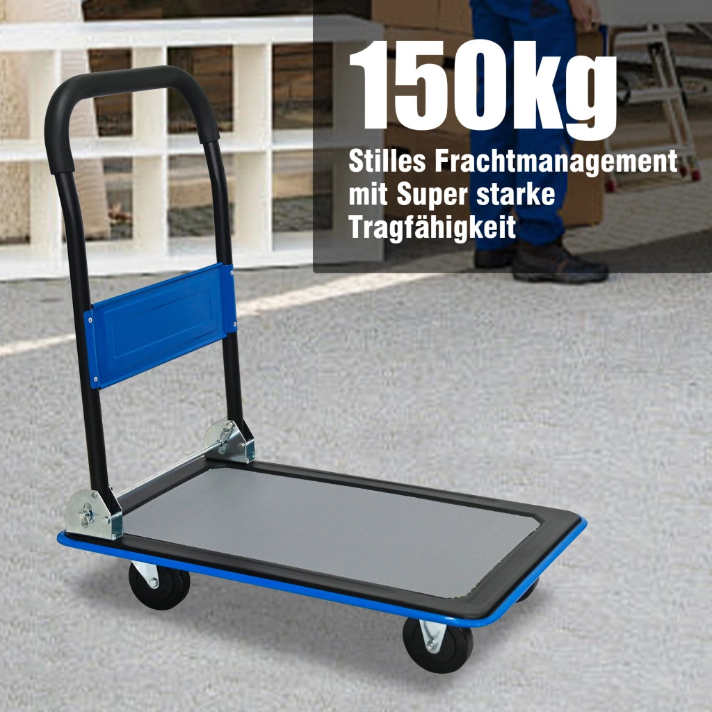Carrello portapacchi pieghevole in acciaio blu; portata 150 kg con ruote in poliuretano girevoli a 360°