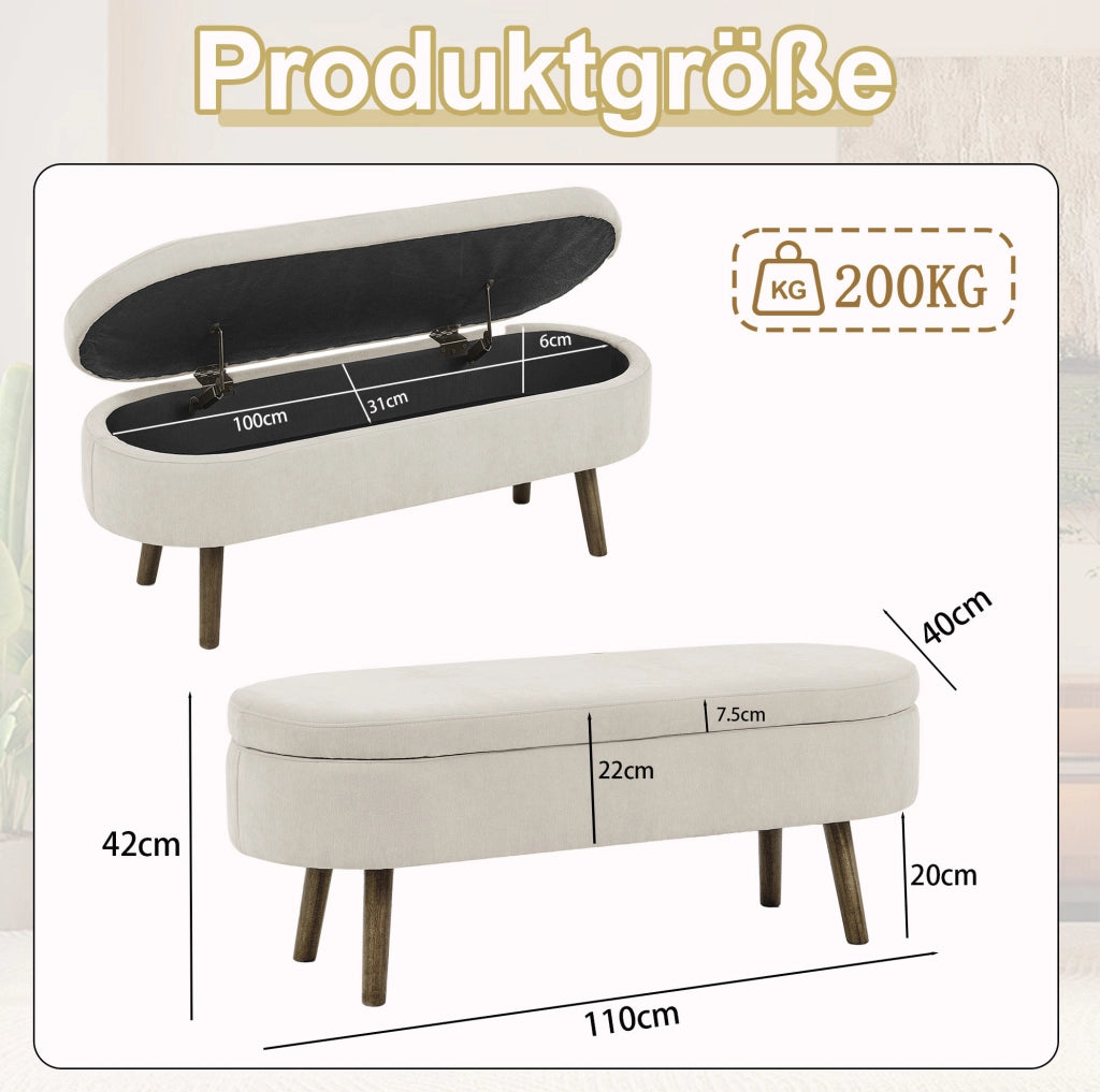 Panca contenitore beige in tessuto chenille con struttura in legno massello, 110x40x42 cm, 20L capacità, per soggiorno, camera e ingresso