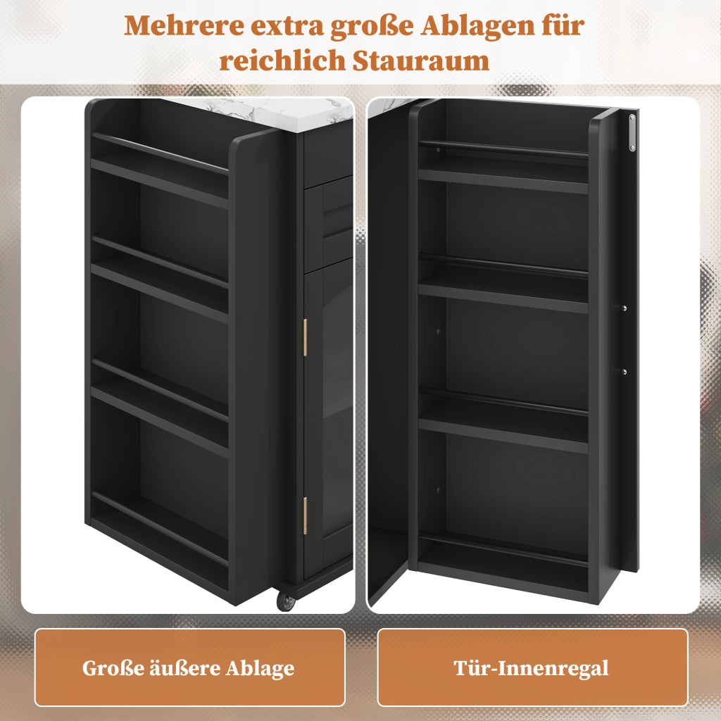 Isola da cucina con piano ribaltabile ruote bloccabili ante in vetro e 2 cassetti MDF nero