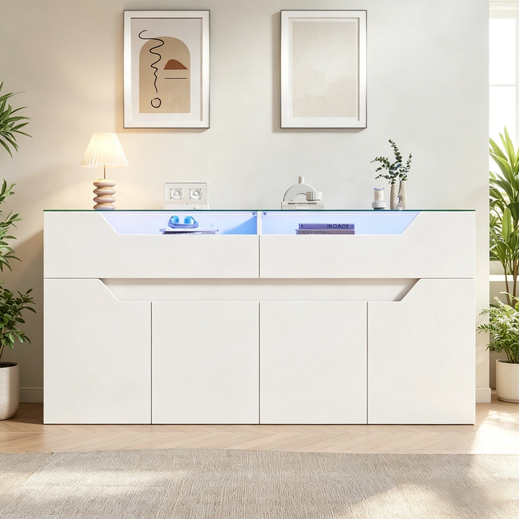 Credenza LED con 2 cassetti e vani, vetro temperato, per soggiorno e sala da pranzo, MDF bianco, 140 × 40 × 70 cm