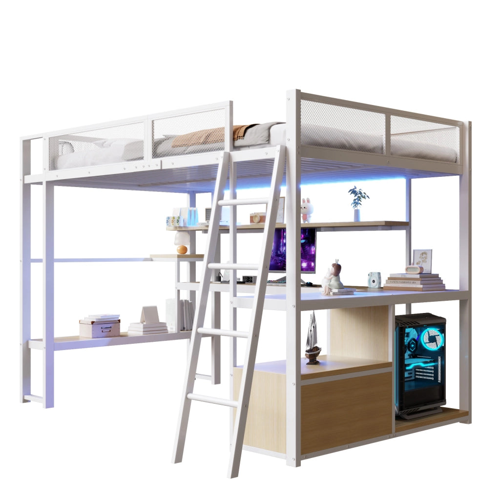 Letto a soppalco 140 × 200 cm con scrivania; LED; stazione di ricarica; scaffali e armadio in metallo e MDF bianco