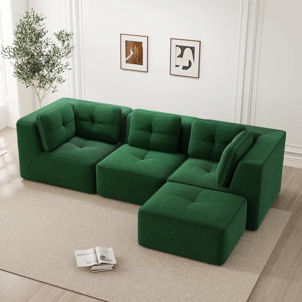 Divano angolare modulare 3 posti con chaise longue braccioli larghi e base antiscivolo in velluto a coste verde