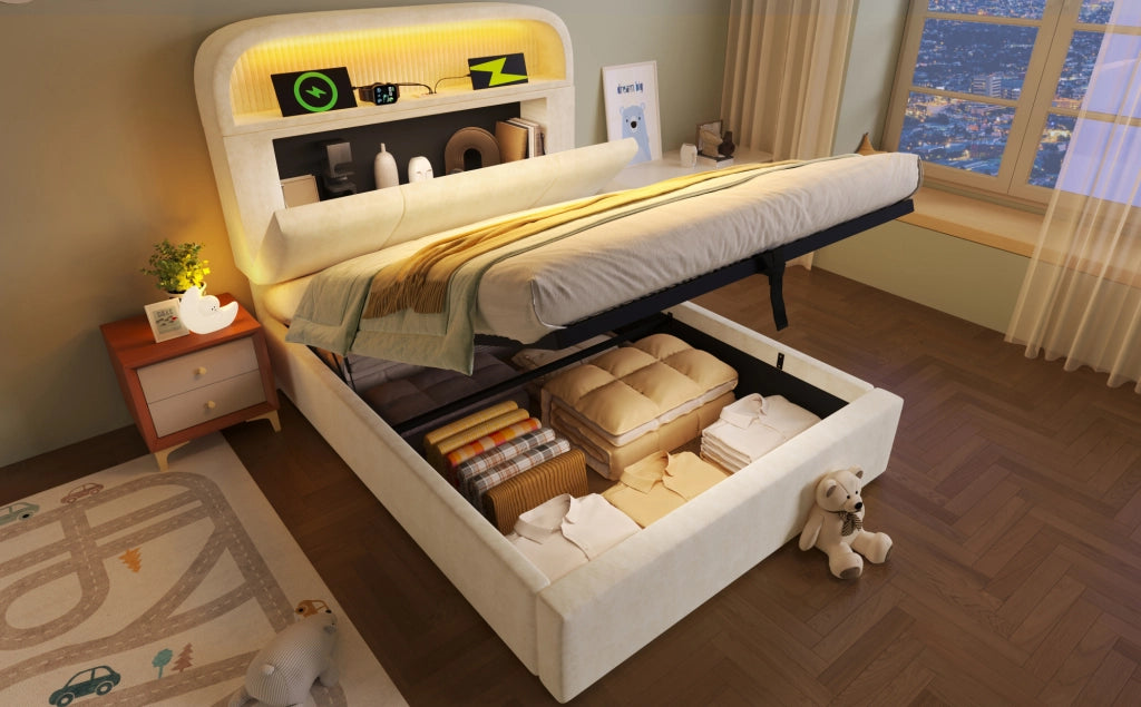 Letto singolo 90x200 cm con contenitore regolabile, testiera imbottita in velluto beige, illuminazione LED e stazione di ricarica USB/Type-C, incluso rete a doghe e materasso