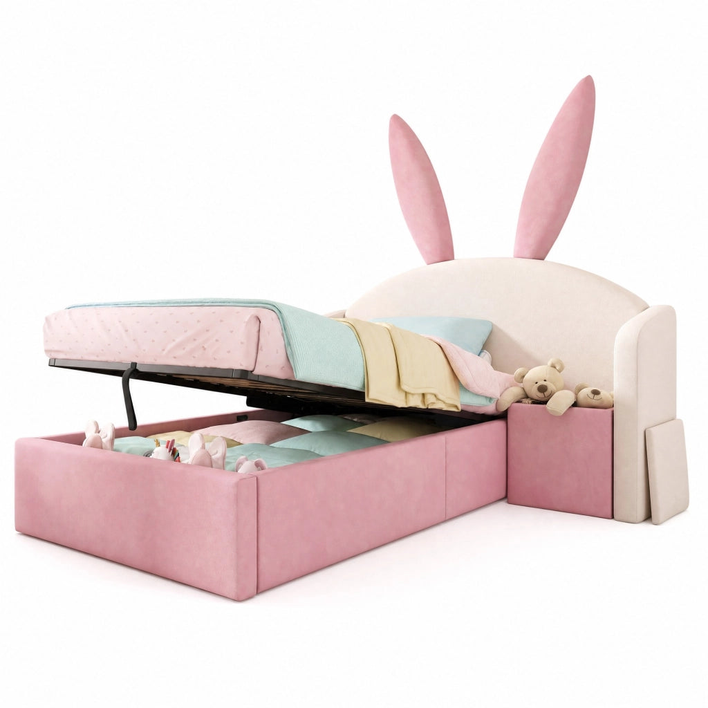 Letto singolo per bambini 90x200 cm con contenitore idraulico e comodino in velluto beige e rosa HOMVRA