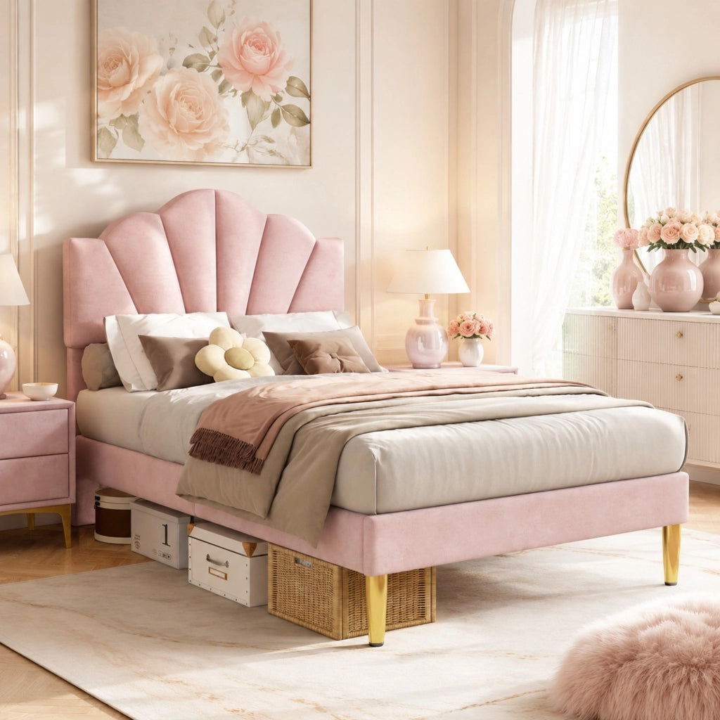 Letto singolo 90x200 cm in velluto rosa; testiera regolabile e gambe in ferro dorato