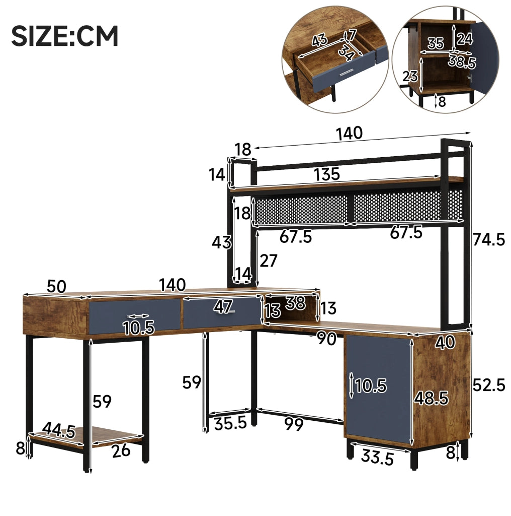 Scrivania angolare industriale 140x140x135 cm in MDF e metallo, colore nero e legno, con cassetti e anta soft-close