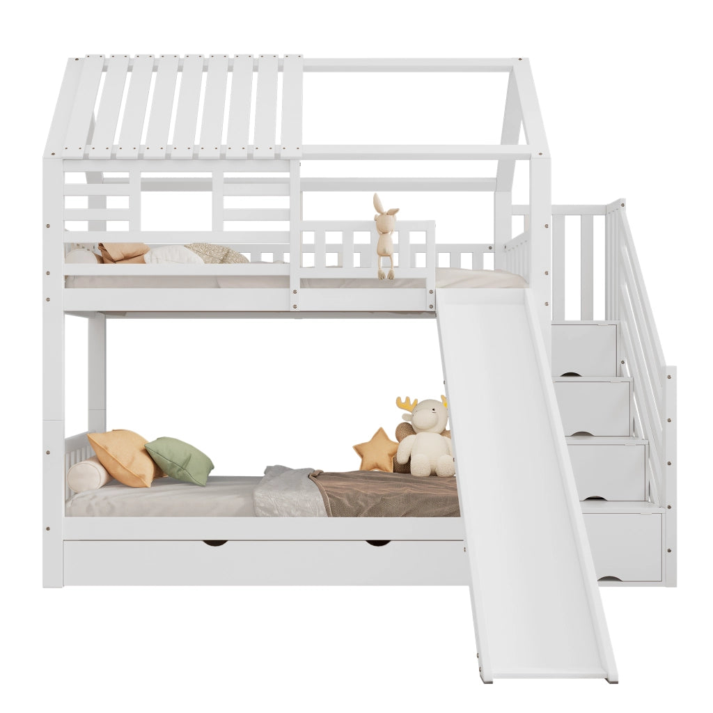 Letto A Castello A Casetta 90x200 Cm Con Scala E Scivolo; Legno Di Pino E MDF; Bianco