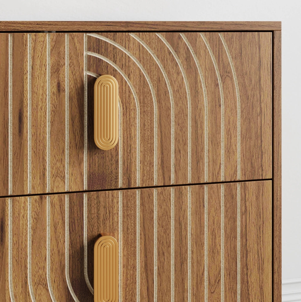 Comodino Bohemien in impiallacciatura noce con 2 cassetti e design geometrico a linee incise