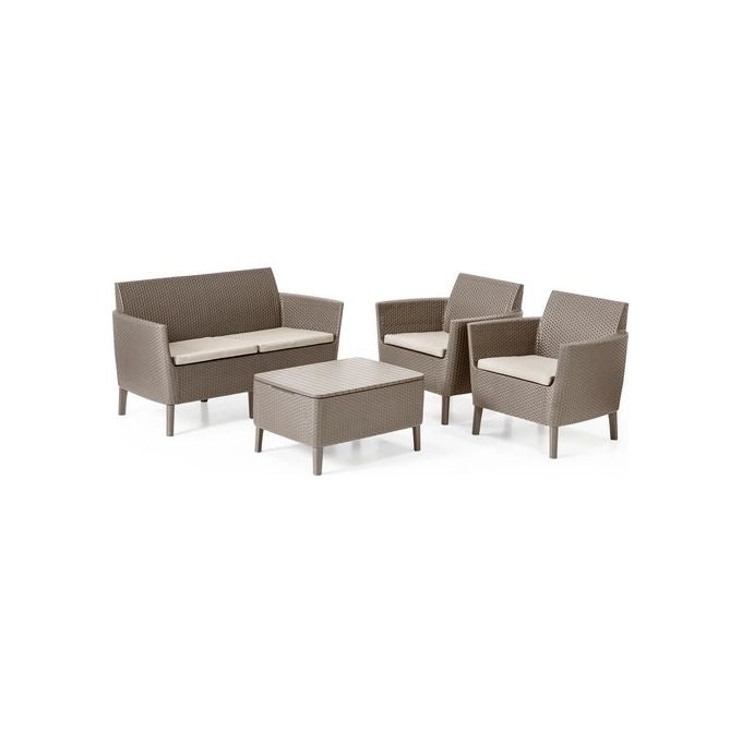 Keter K236632 Salemo Salottino da Esterno Set 4 Pezzi Divano 2 Poltrone Tavolino Contenitore Resina Effetto Rattan colore Cappuccino