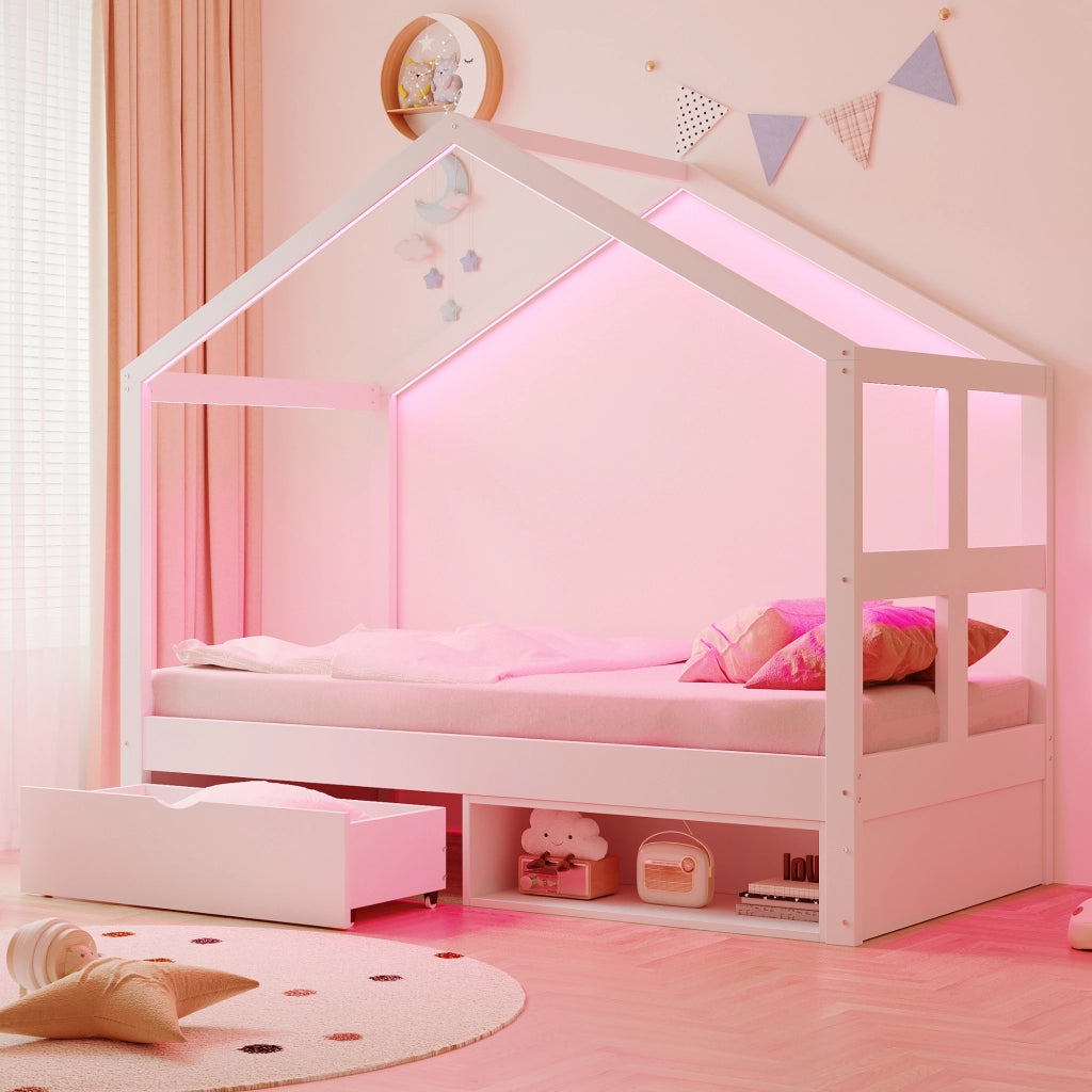 Letto singolo a casetta 90x190 cm bianco con cassetti; scarpiera e LED multicolore