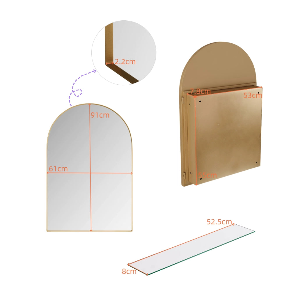 Mobile specchiera ad arco in metallo con ripiani regolabili, installazione a parete o incasso, finitura oro