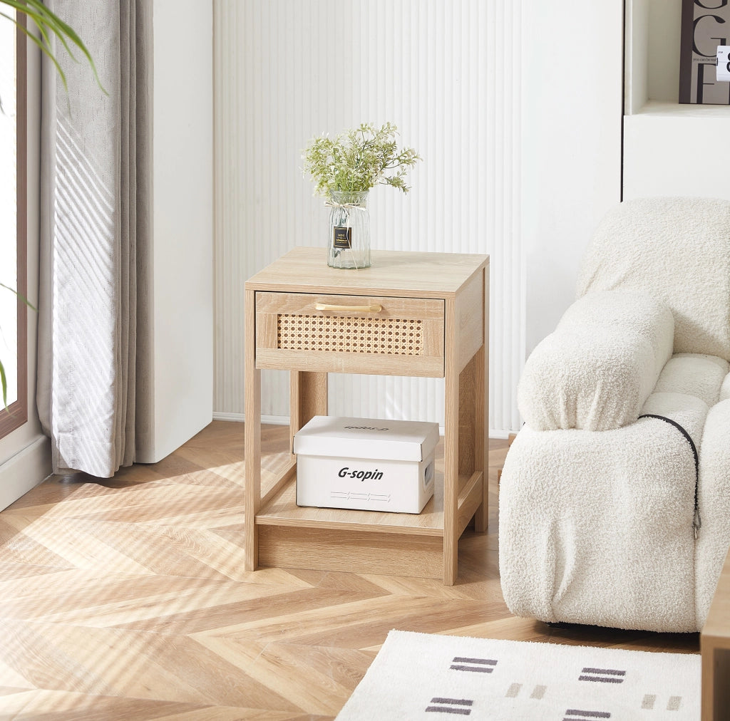 Comodino in rattan con cassetto, tavolino moderno per camera e soggiorno, effetto legno naturale H55xL40xP40 cm