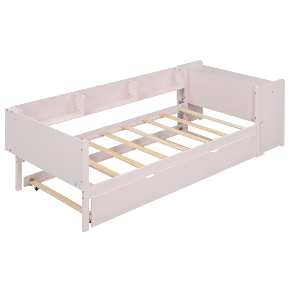 Letto per bambini 90 × 200 e 90 × 180 cm con estraibile; scrivania e 3 mensole; senza materasso; rosa