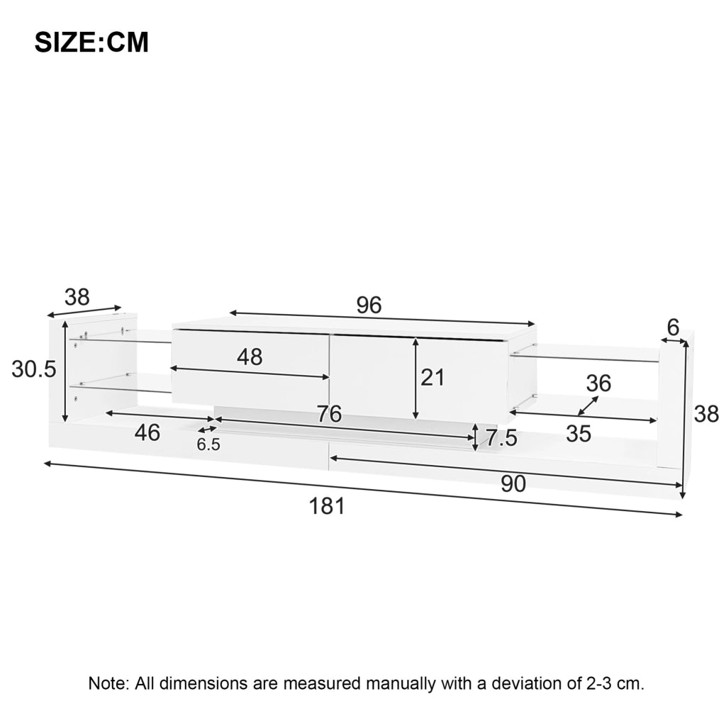 Mobile TV 181 cm con LED e 2 cassetti ribaltabili in truciolare bianco