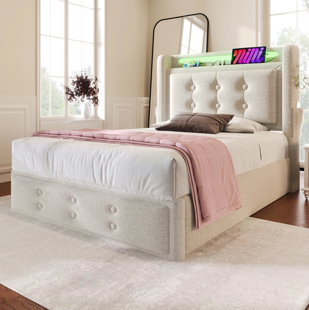 Letto singolo 90x200 cm con contenitore; LED e USB-C; in cotone e lino; beige