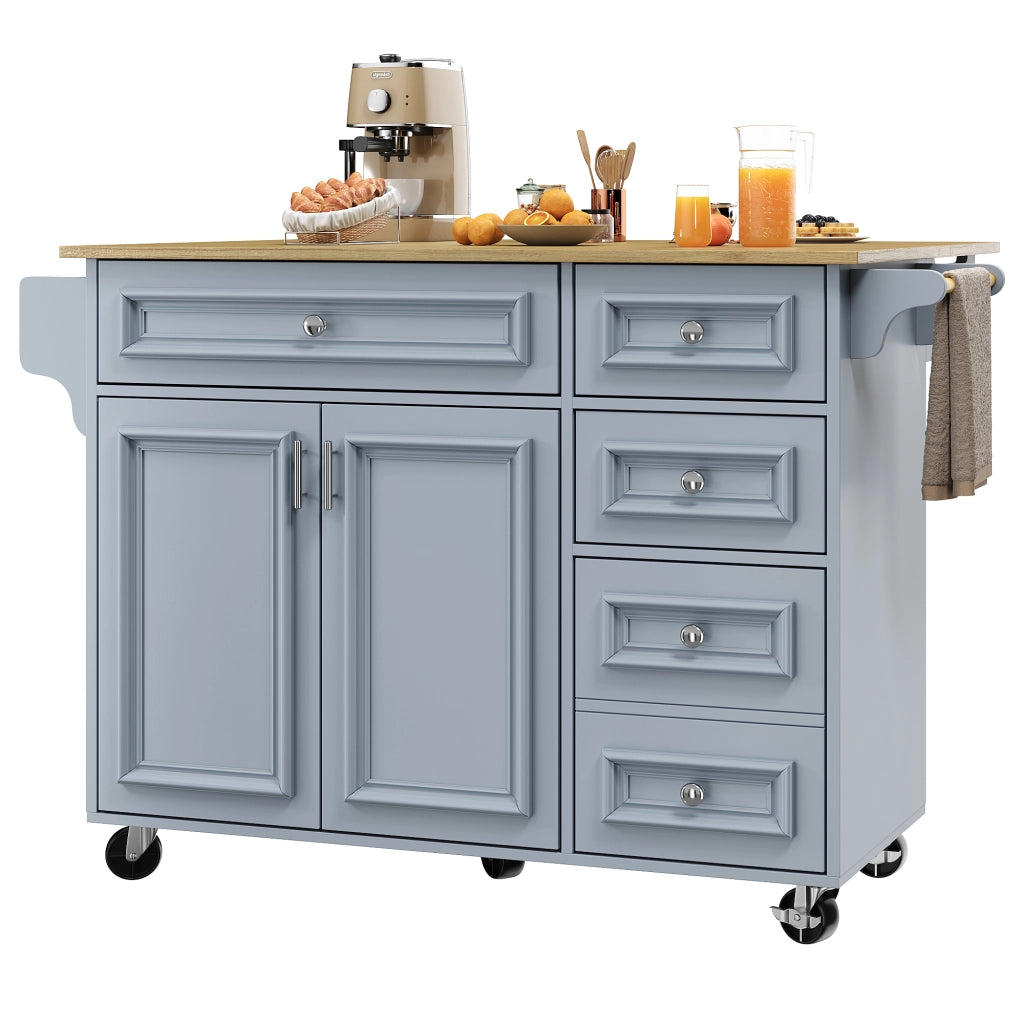 Isola da cucina multifunzionale con piano pieghevole, 110 x 75 x 92 cm, Baby Blue, MDF e metallo